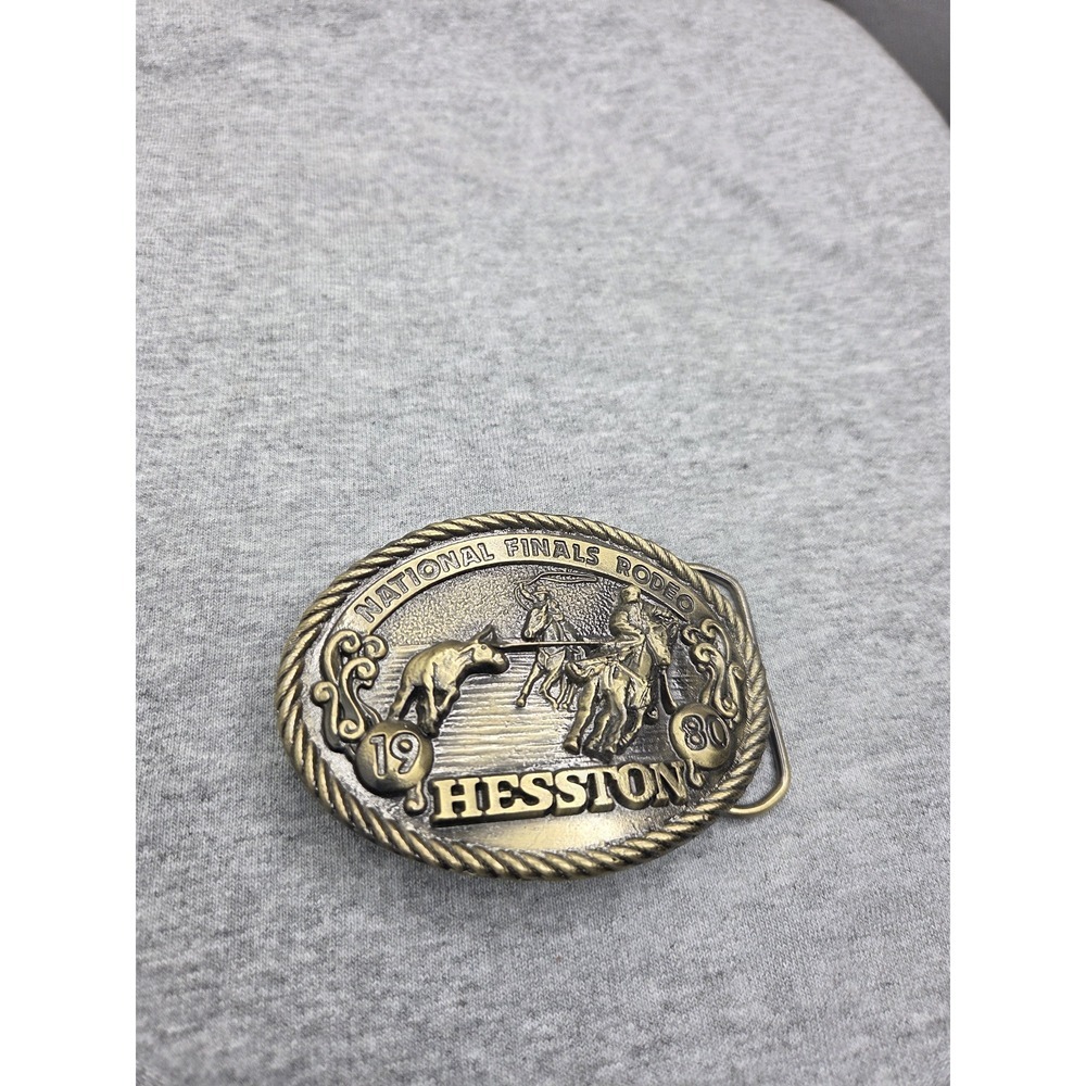 National Finals Rodeo 1980 Hesston Solid Brass Belt Buckle Vintage Western - Picture 7 of 7